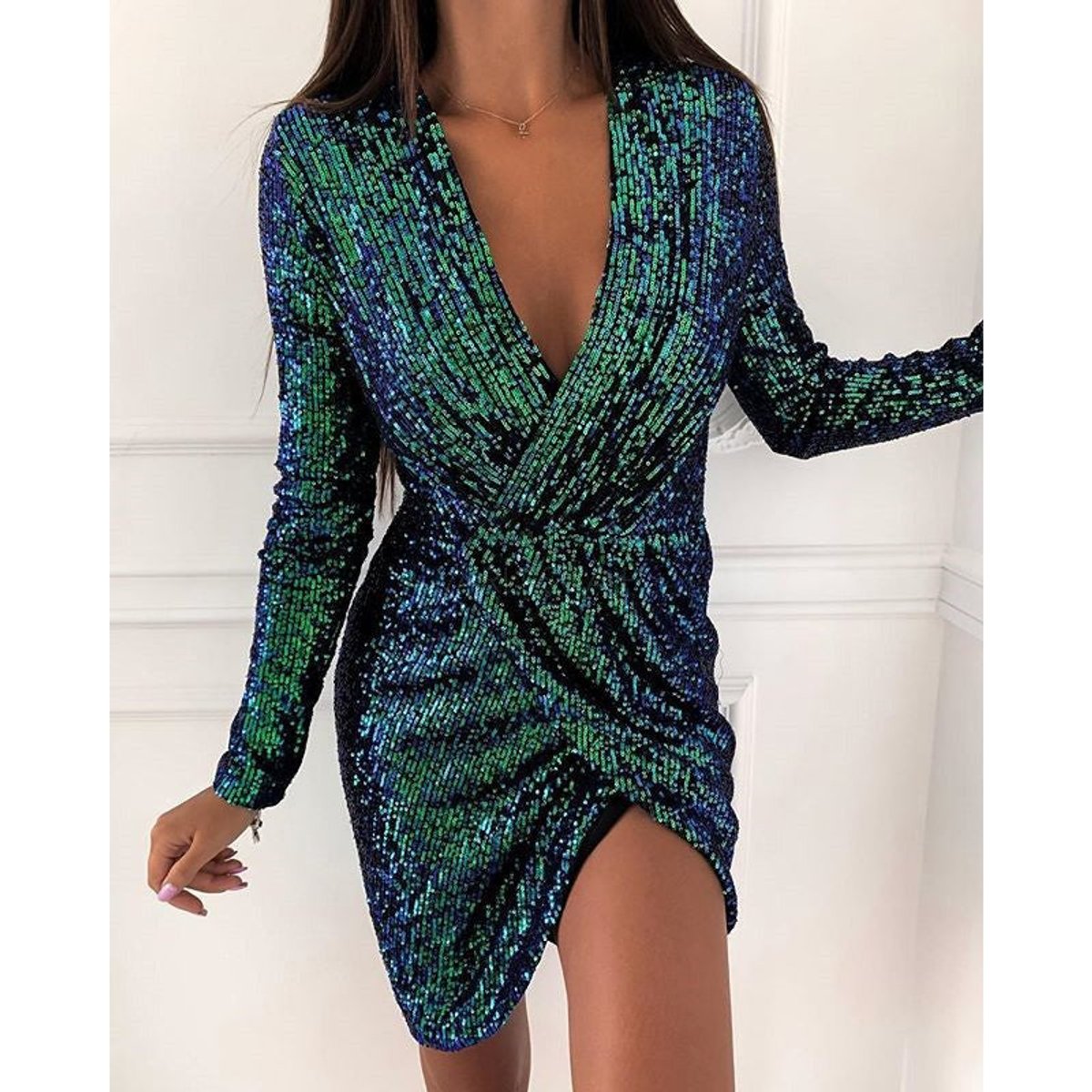 Abito da Cocktail Donna Scollatura Profonda a V Manica Lunga Paillettes Elegante 0