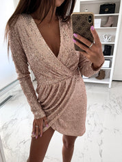 Abito da Cocktail Donna Scollatura Profonda a V Manica Lunga Paillettes Elegante 8