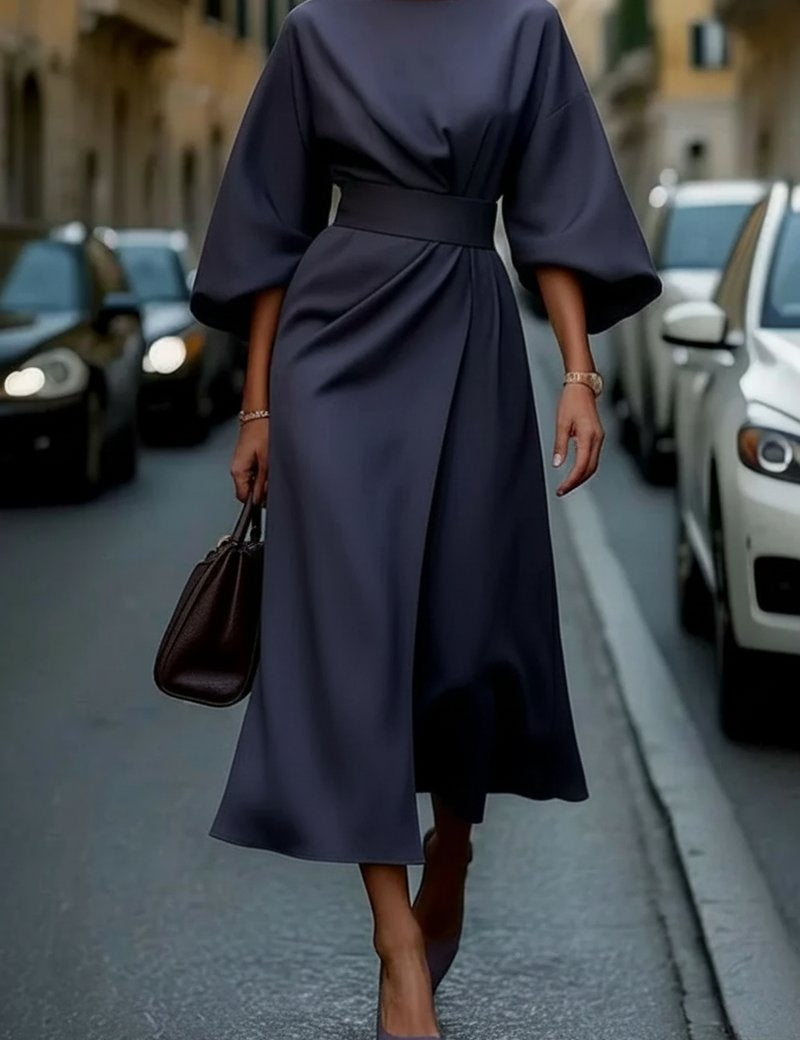 Abito da Cocktail Elegante Donna Midi con Maniche a Lanterna e Cintura in Vita 0