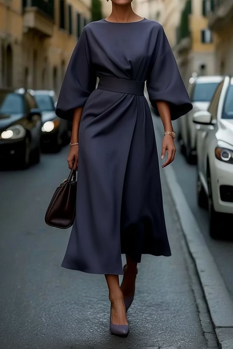 Abito da Cocktail Elegante Donna Midi con Maniche a Lanterna e Cintura in Vita 0