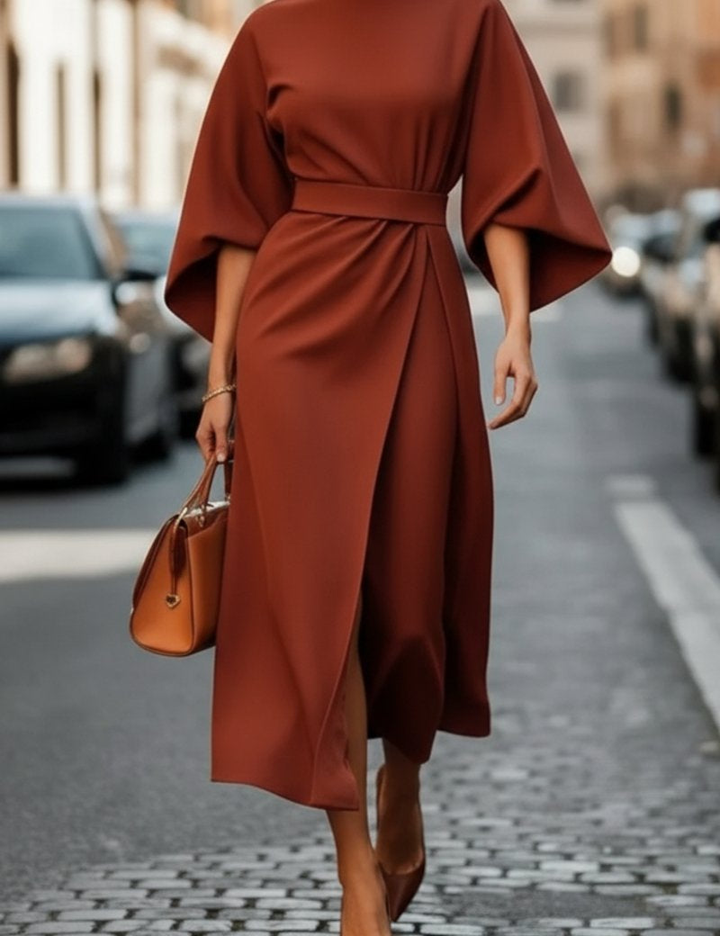 Abito da Cocktail Elegante Donna Midi con Maniche a Lanterna e Cintura in Vita 1