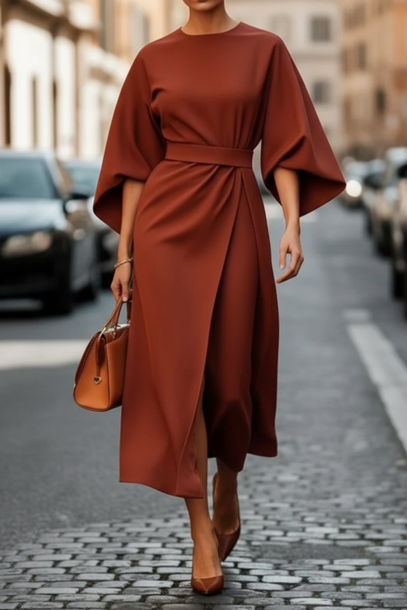 Abito da Cocktail Elegante Donna Midi con Maniche a Lanterna e Cintura in Vita 1