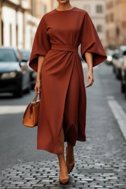 Abito da Cocktail Elegante Donna Midi con Maniche a Lanterna e Cintura in Vita 1