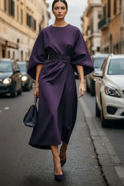 Abito da Cocktail Elegante Donna Midi con Maniche a Lanterna e Cintura in Vita 2