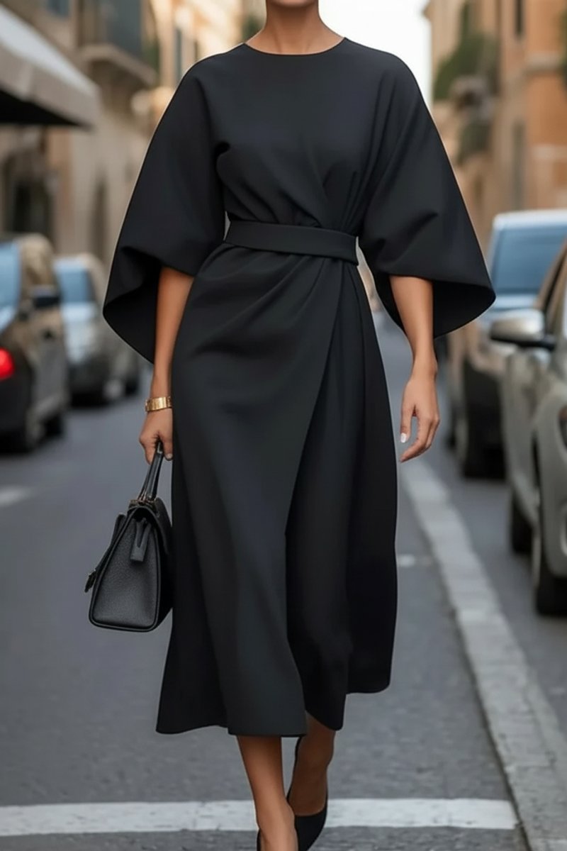 Abito da Cocktail Elegante Donna Midi con Maniche a Lanterna e Cintura in Vita 3
