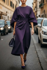 Abito da Cocktail Elegante Donna Midi con Maniche a Lanterna e Cintura in Vita 4