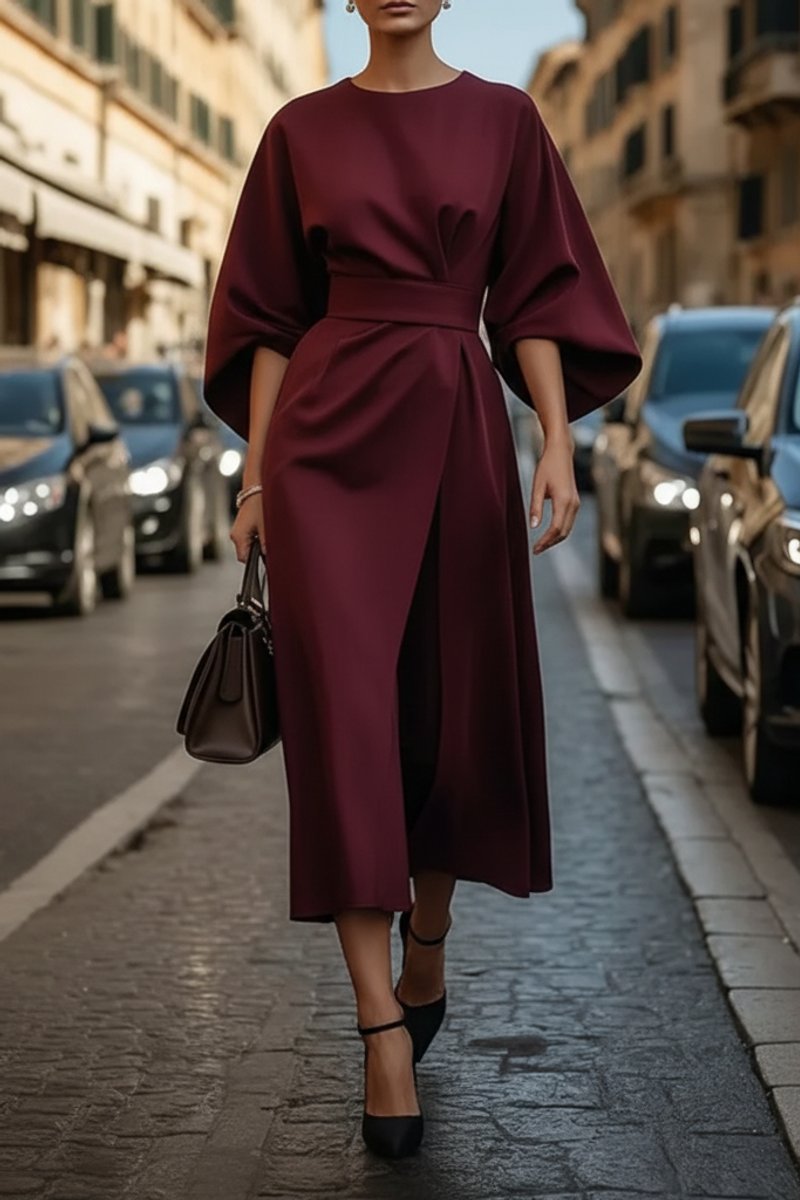 Abito da Cocktail Elegante Donna Midi con Maniche a Lanterna e Cintura in Vita 7