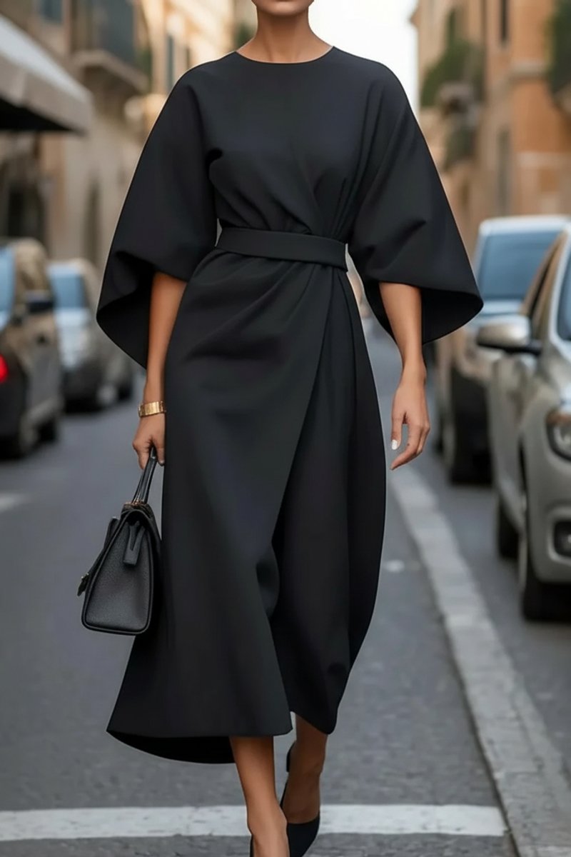 Abito da Cocktail Elegante Donna Midi con Maniche a Lanterna e Cintura in Vita 8