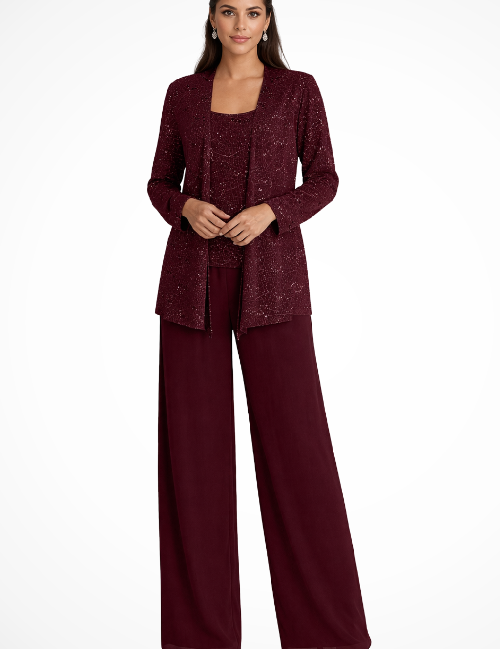 Abito da Donna Elegante in Pizzo e Paillettes con Pantaloni a Gamba Larga 10