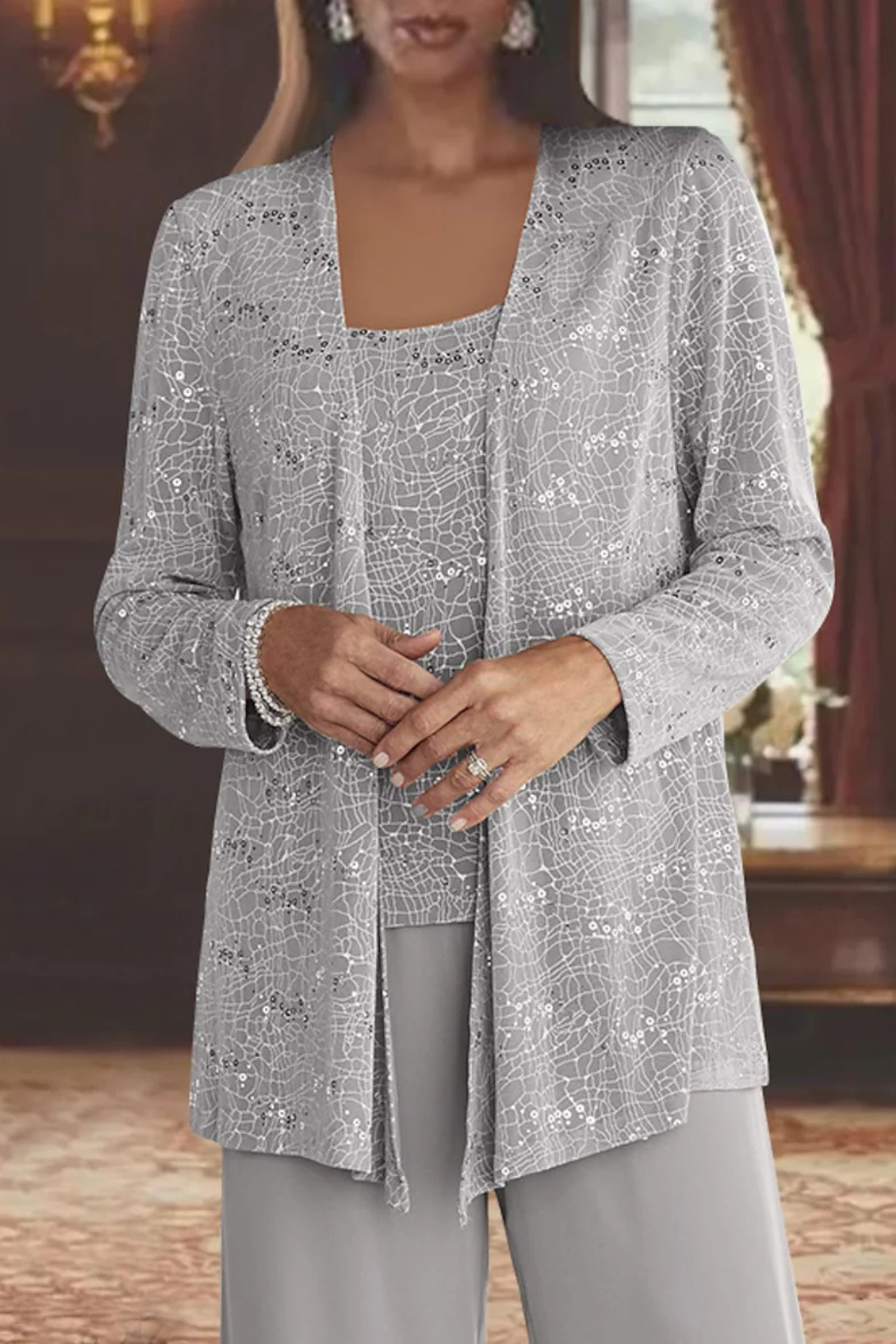 Abito da Donna Elegante in Pizzo e Paillettes con Pantaloni a Gamba Larga 2