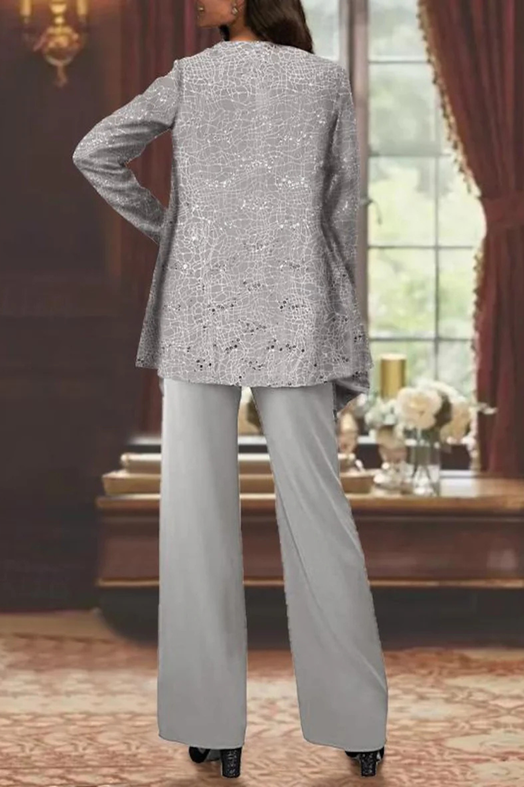 Abito da Donna Elegante in Pizzo e Paillettes con Pantaloni a Gamba Larga 3