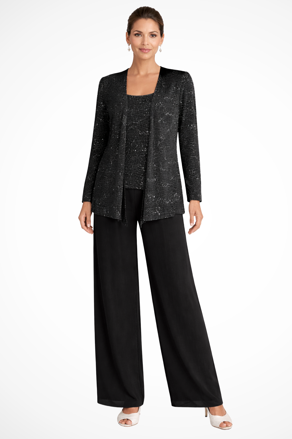 Abito da Donna Elegante in Pizzo e Paillettes con Pantaloni a Gamba Larga 4