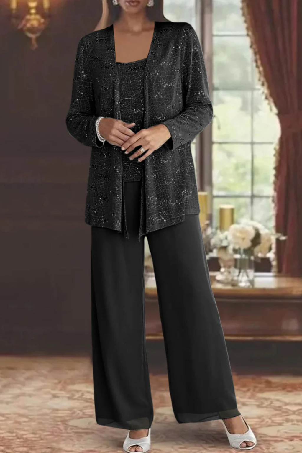 Abito da Donna Elegante in Pizzo e Paillettes con Pantaloni a Gamba Larga 5