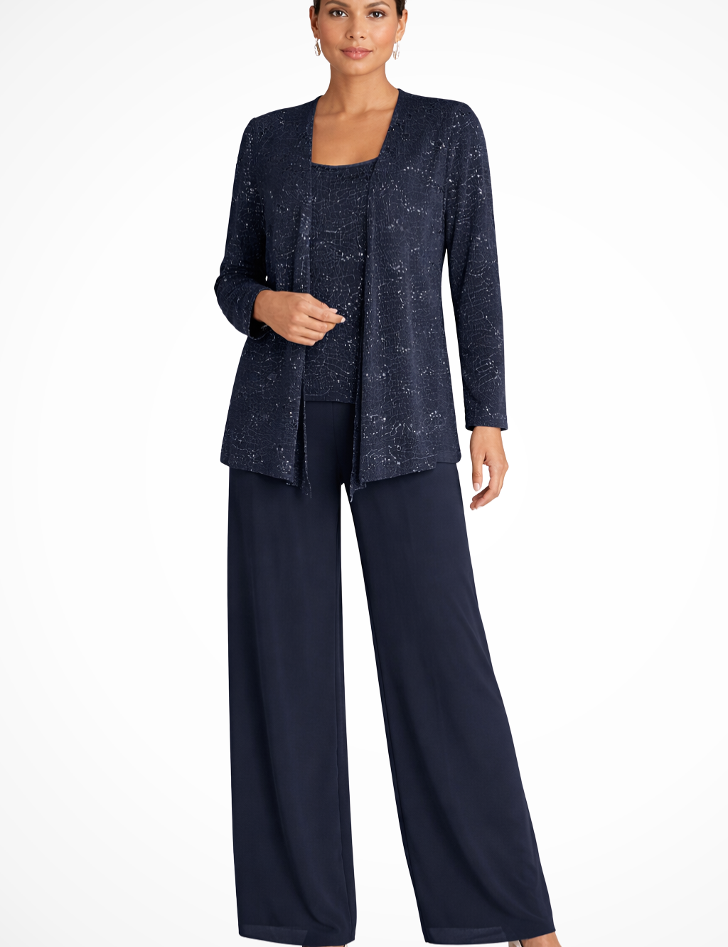 Abito da Donna Elegante in Pizzo e Paillettes con Pantaloni a Gamba Larga 6