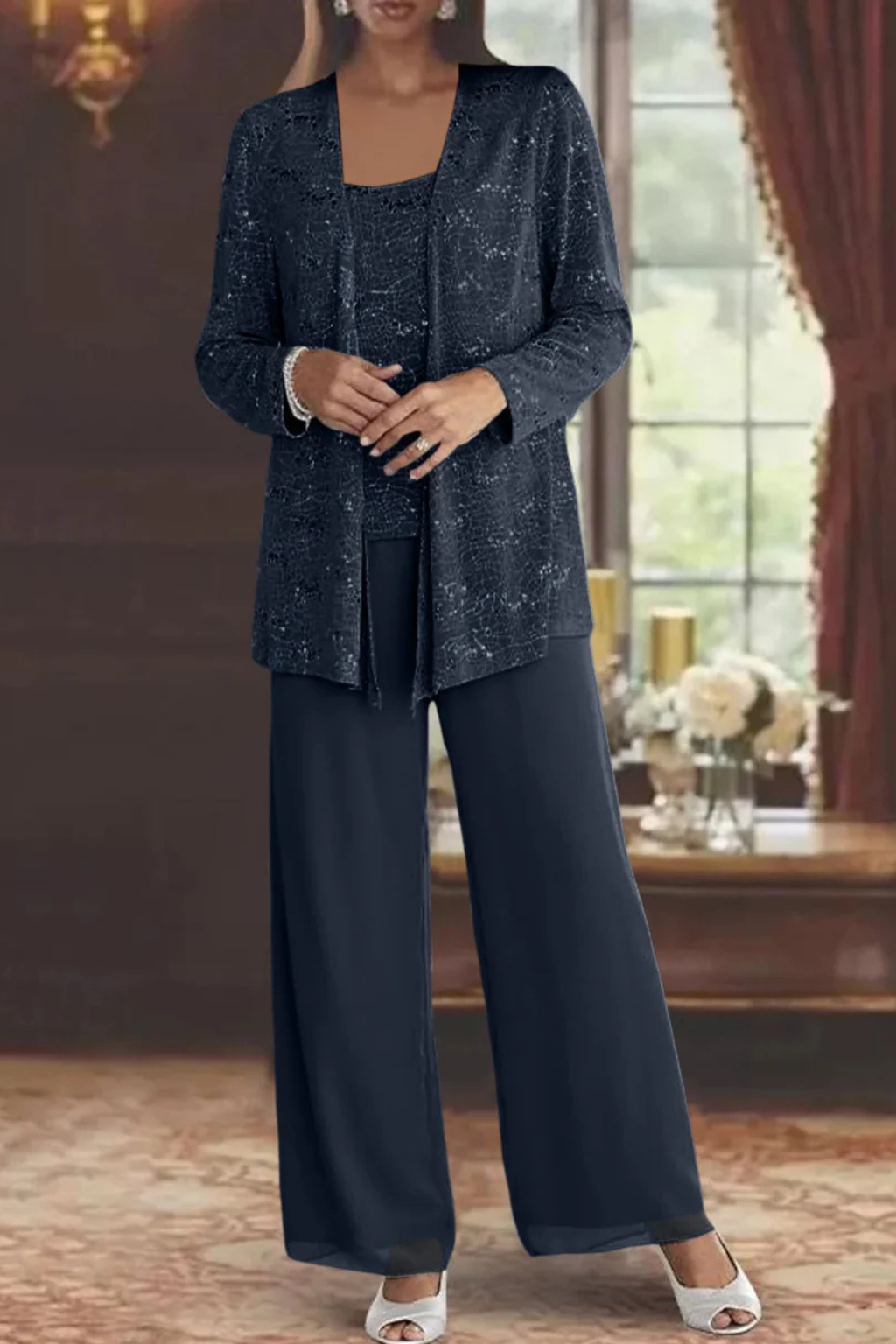 Abito da Donna Elegante in Pizzo e Paillettes con Pantaloni a Gamba Larga 7