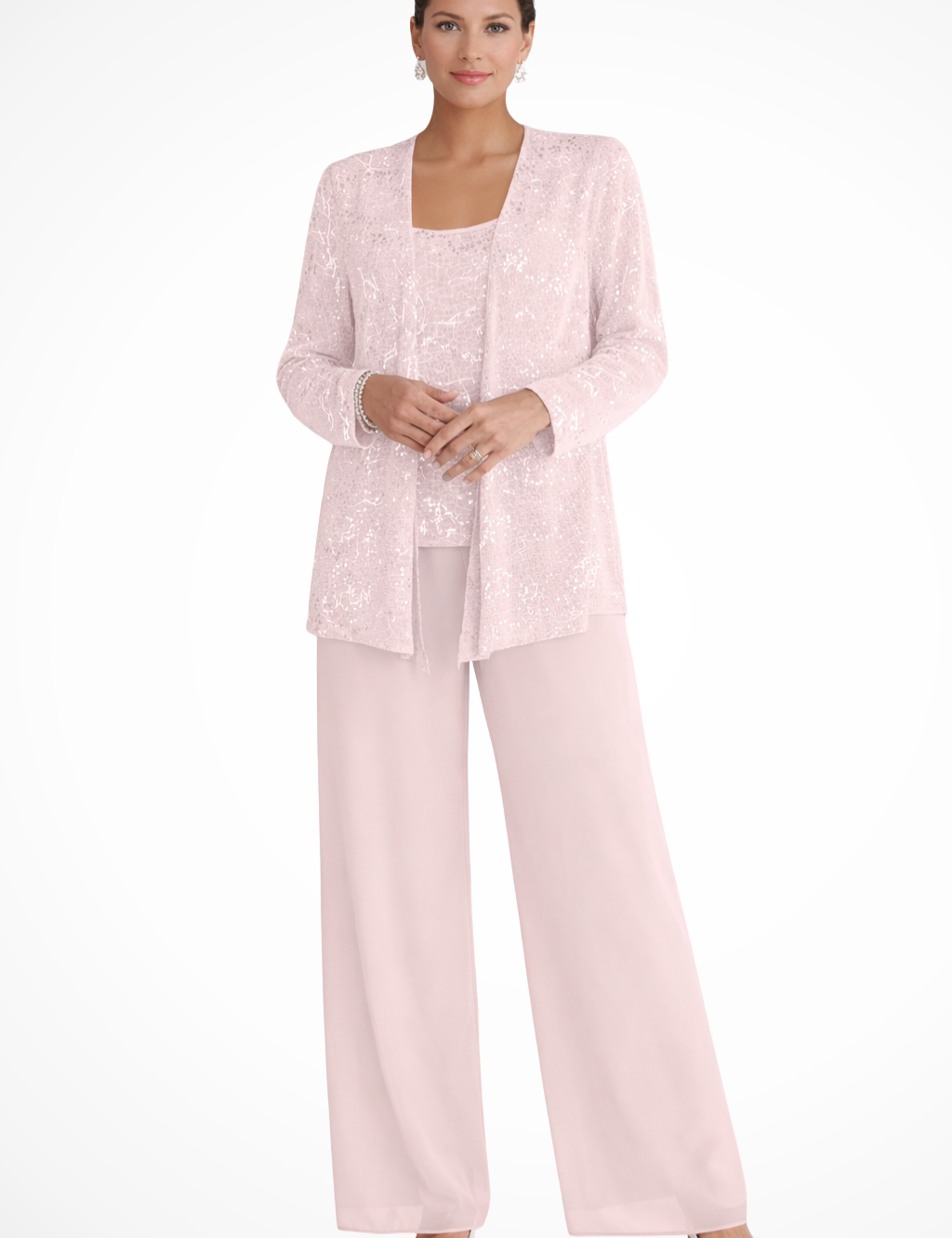 Abito da Donna Elegante in Pizzo e Paillettes con Pantaloni a Gamba Larga 9