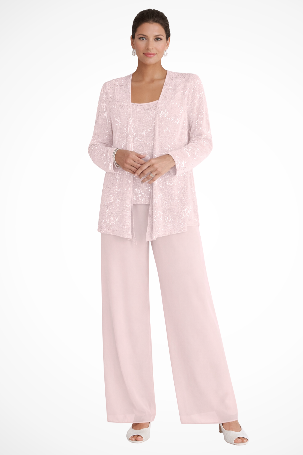 Abito da Donna Elegante in Pizzo e Paillettes con Pantaloni a Gamba Larga 9