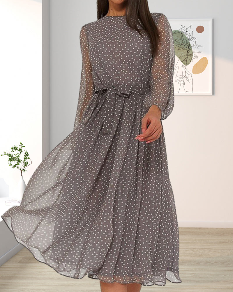 Abito da donna ampio a pois con maniche lunghe e silhouette a trapezio, elegante e casual 3