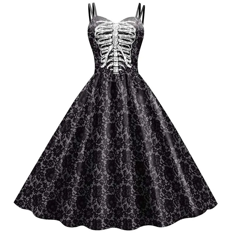 Abito da donna con scheletro di rosa per Halloween: elegante costume rockabilly con stampa gotica per carnevale, feste o celebrazioni natalizie 0