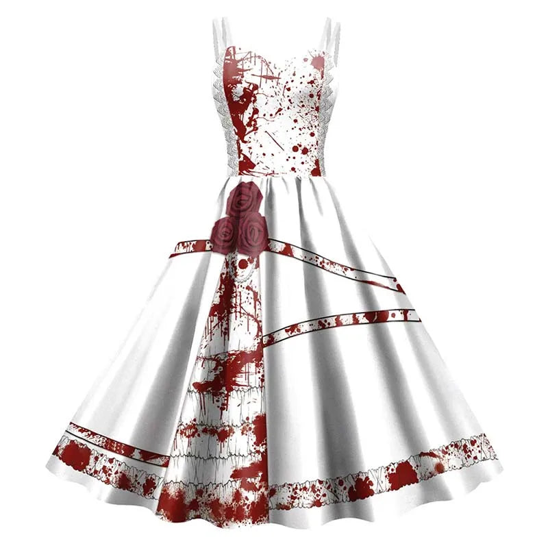 Abito da donna con scheletro di rosa per Halloween: elegante costume rockabilly con stampa gotica per carnevale, feste o celebrazioni natalizie 1