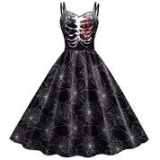 Abito da donna con scheletro di rosa per Halloween: elegante costume rockabilly con stampa gotica per carnevale, feste o celebrazioni natalizie 2
