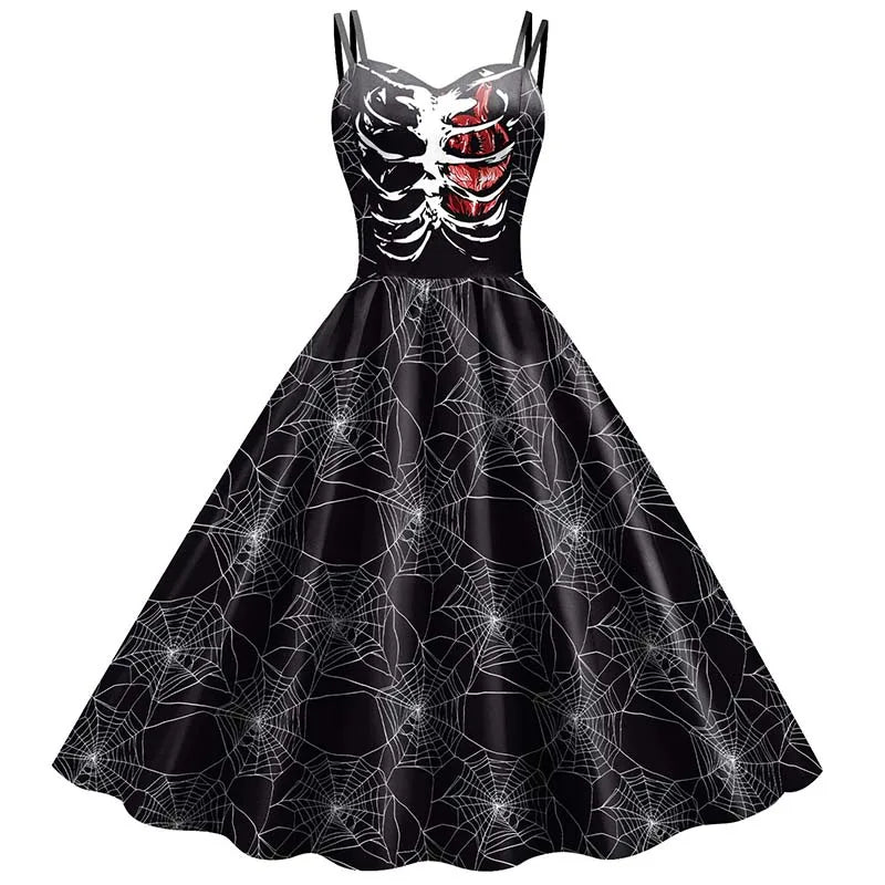 Abito da donna con scheletro di rosa per Halloween: elegante costume rockabilly con stampa gotica per carnevale, feste o celebrazioni natalizie 2