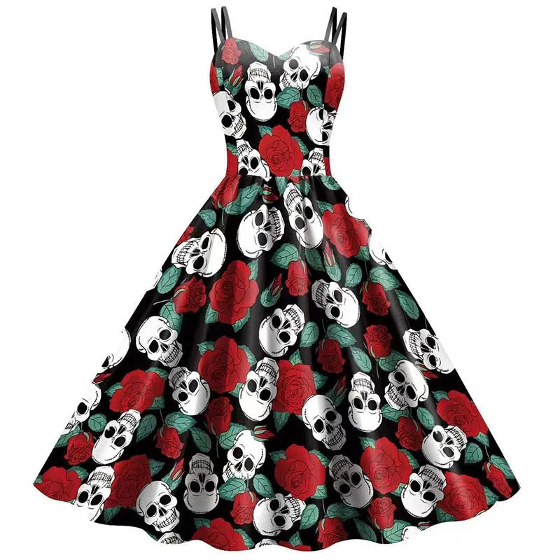 Abito da donna con scheletro di rosa per Halloween: elegante costume rockabilly con stampa gotica per carnevale, feste o celebrazioni natalizie 3