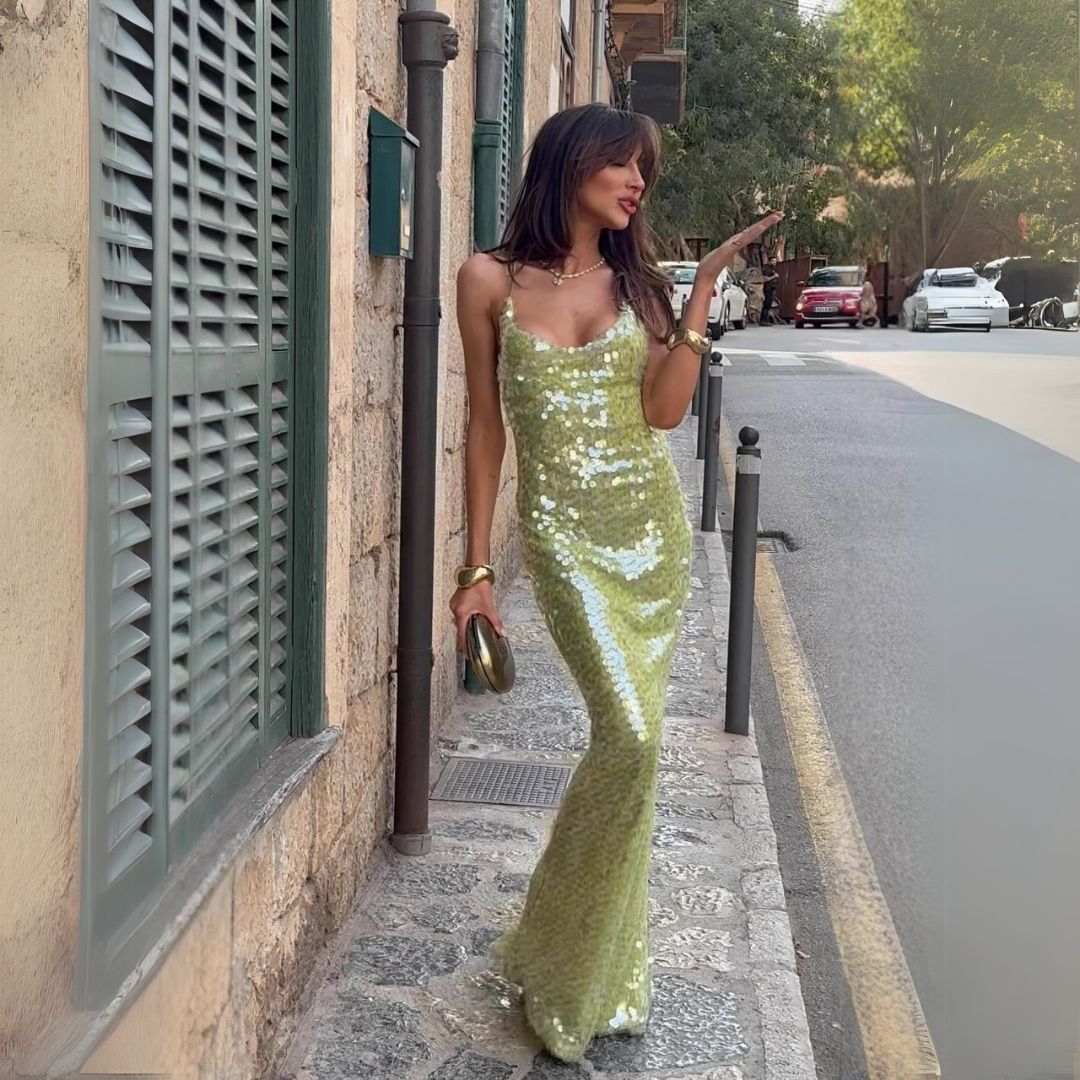 Abito lungo da donna con paillettes | Verde | Capodanno 0