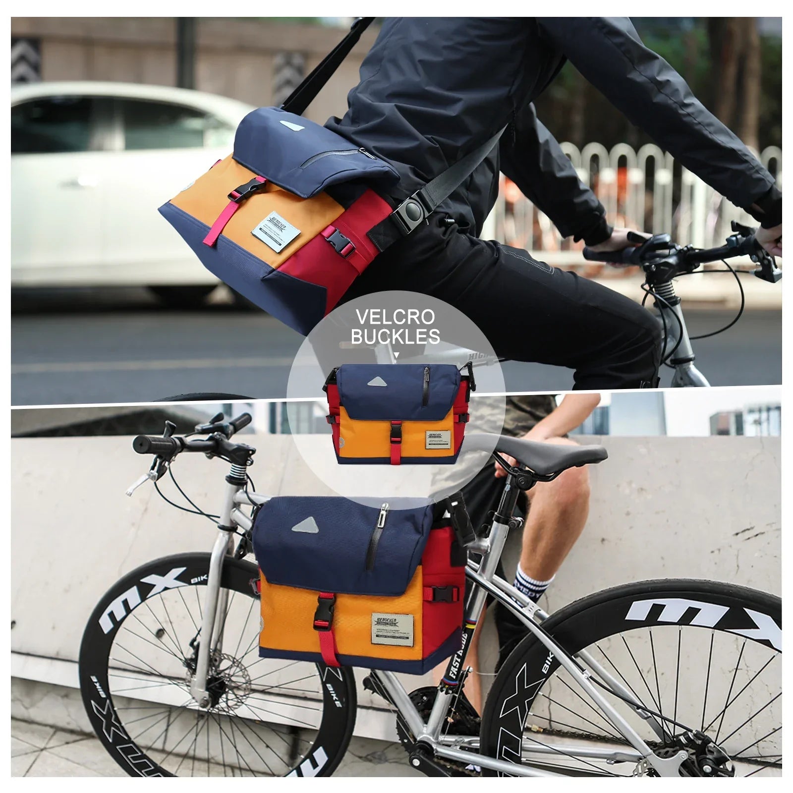 Borsa messenger impermeabile blu e arancione su ciclista urbano, con fibbie in velcro, ideale per pendolari in bicicletta. Accessorio pratico e resistente.