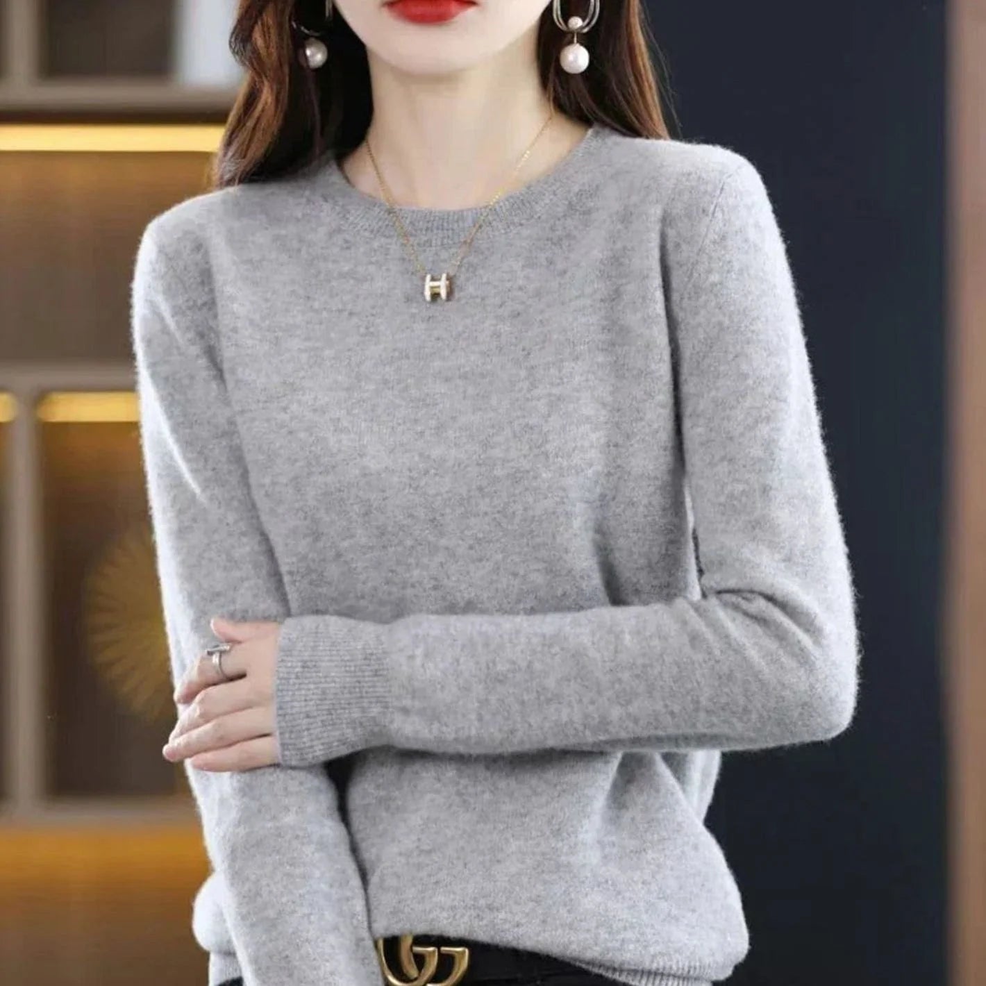 Annika | Damen Klassischer Rundhals Langarm Strickpullover Cashmere-Soft 9