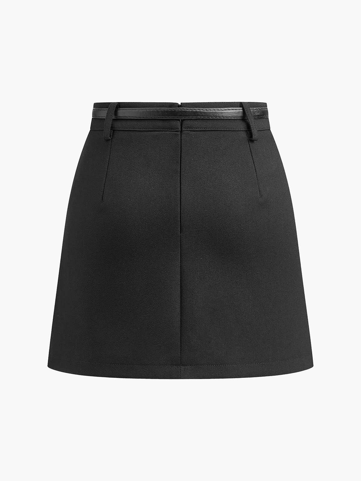Minigonna nera elegante in tessuto, con cintura sottile in pelle sintetica, design a vita alta, ideale per look casual e formali.