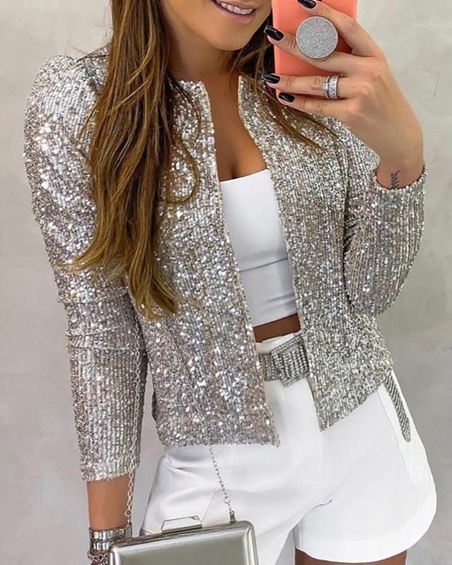 Blazer scintillanti da festa per donna con paillettes e apertura frontale | Capodanno 3