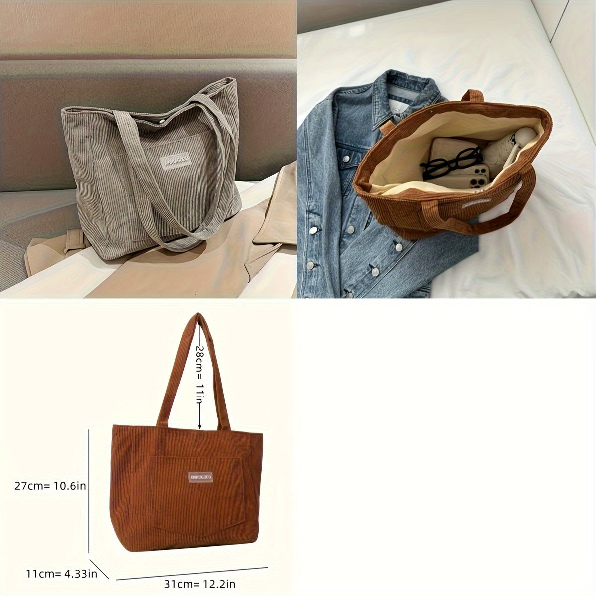 Borsa a mano da donna in velluto a coste elegante, versatile in pelle vegana 7