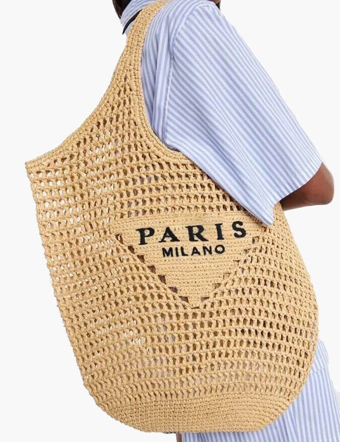 Borsa da spiaggia elegante da donna in paglia fatta a mano, design boho 1