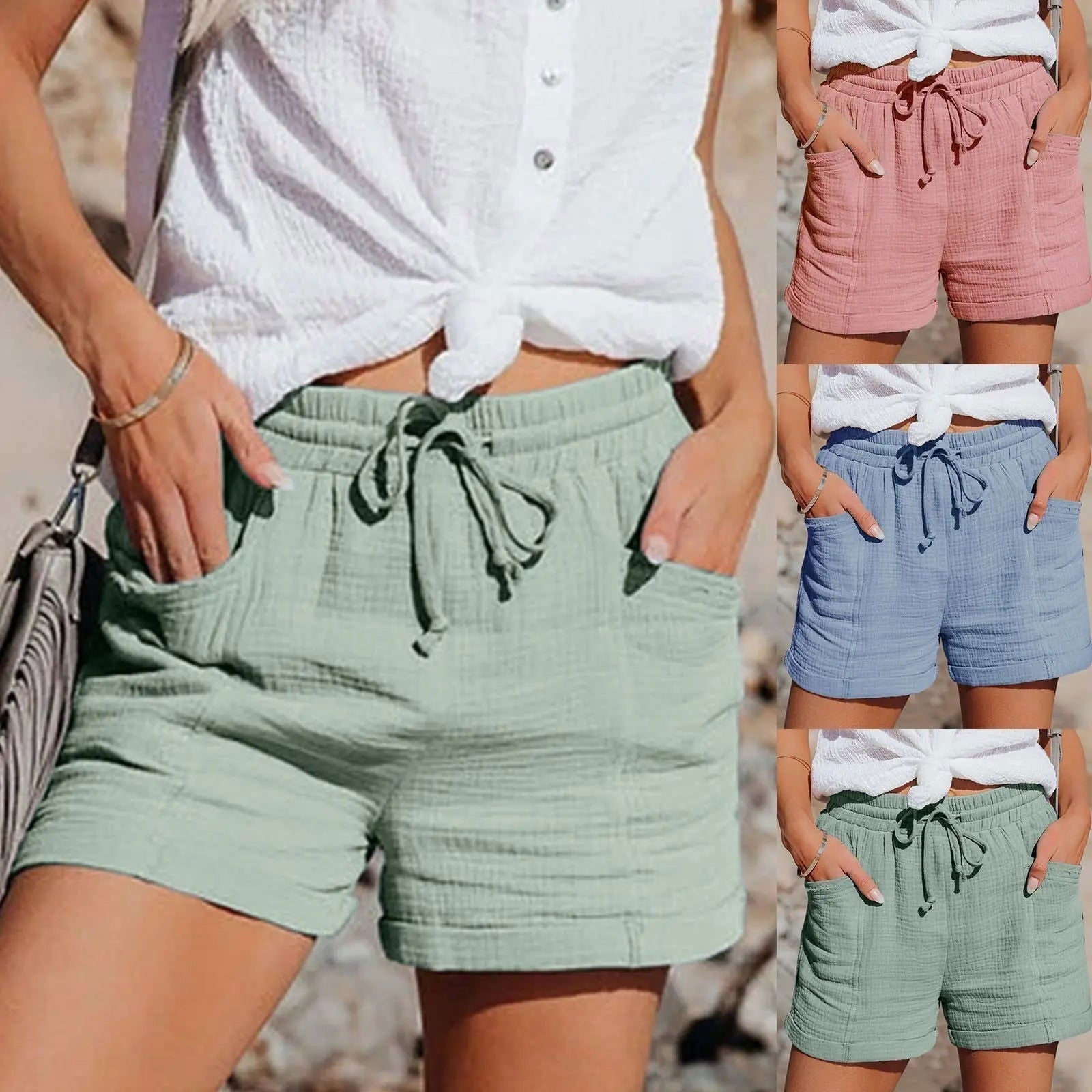 Shorts estivi da donna in cotone, disponibili in verde, rosa e blu. Design casual con tasche e laccio in vita, ideali per look estivi alla moda.