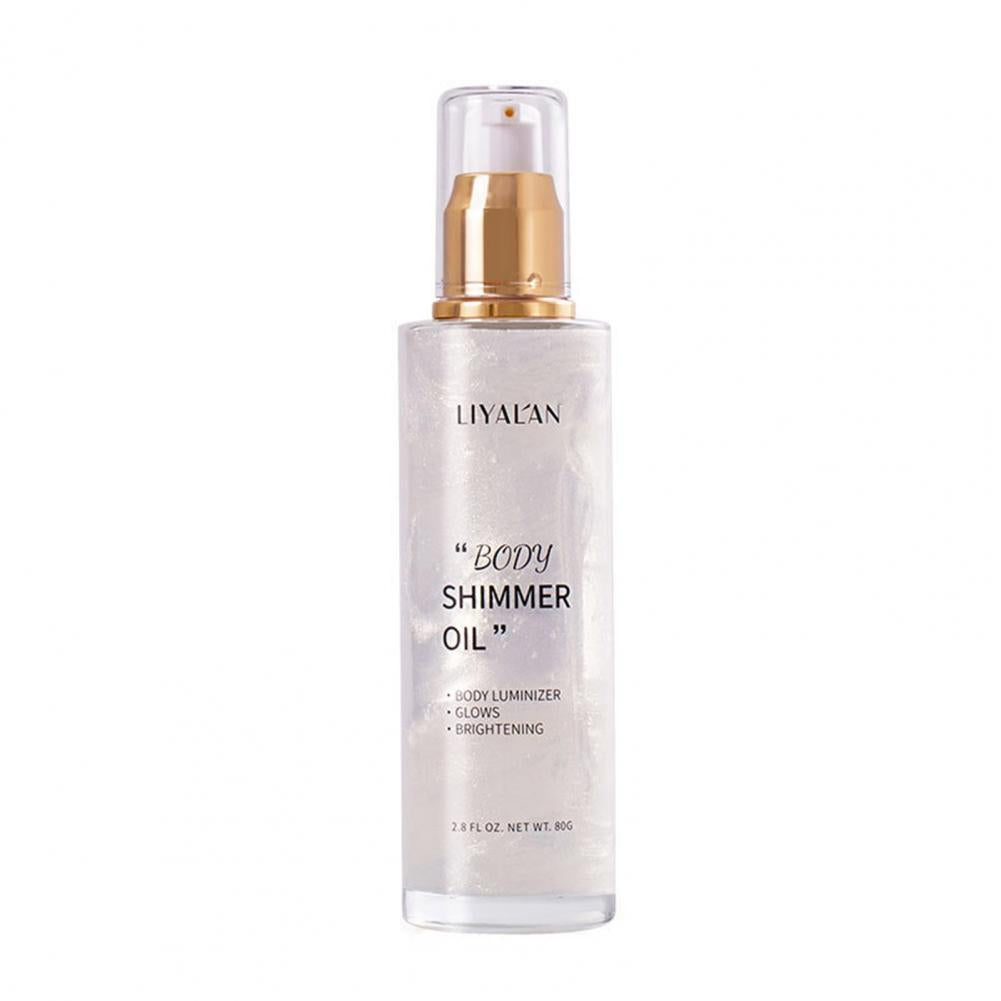 Bottiglia di olio illuminante corpo Liyalan, 80g, con erogatore dorato. Olio shimmer per pelle luminosa e brillante. Cosmetico per corpo.