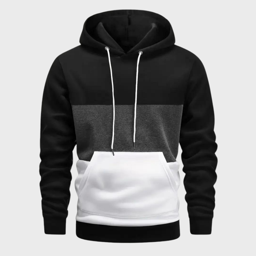 Felpa con cappuccio uomo, design a blocchi di colore nero, grigio e bianco, tasca frontale, cordini bianchi. Moda casual, abbigliamento autunnale.