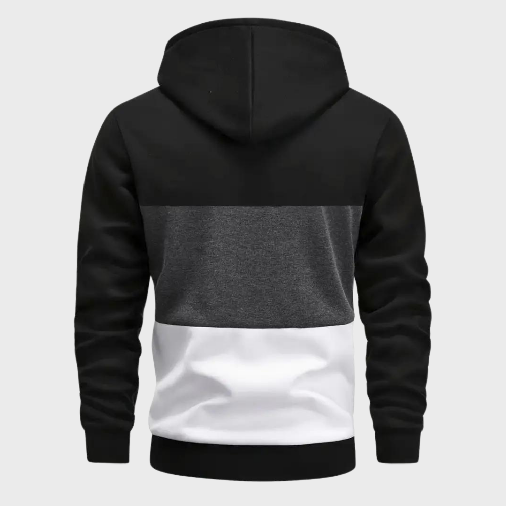 Felpa con cappuccio uomo, design a blocchi di colore nero, grigio e bianco, maniche lunghe, casual, moda autunno inverno, abbigliamento sportivo.