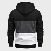 Felpa con cappuccio uomo, design a blocchi di colore nero, grigio e bianco, maniche lunghe, casual, moda autunno inverno, abbigliamento sportivo.