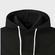 Felpa con cappuccio nera unisex, cordini bianchi, tessuto morbido, ideale per abbigliamento casual e sportivo. Disponibile in varie taglie.