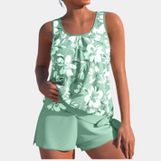 Top e pantaloncini estivi da donna, verde menta con stampa floreale bianca, senza maniche, casual, moda mare, abbigliamento leggero e comodo.