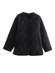 Giacca trapuntata nera da donna, design minimalista, maniche lunghe, ideale per l'autunno e l'inverno. Moda casual, abbigliamento caldo.