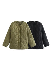 Giacca trapuntata donna, verde e nera, maniche lunghe, chiusura a bottoni, stile casual, moda autunno inverno, tessuto caldo e confortevole.