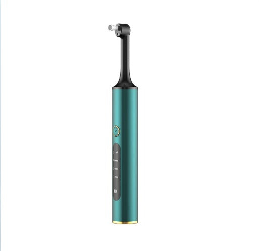 Spazzolino elettrico verde con testina intercambiabile, design moderno, pulsanti di controllo, ideale per igiene orale avanzata e pulizia dentale.