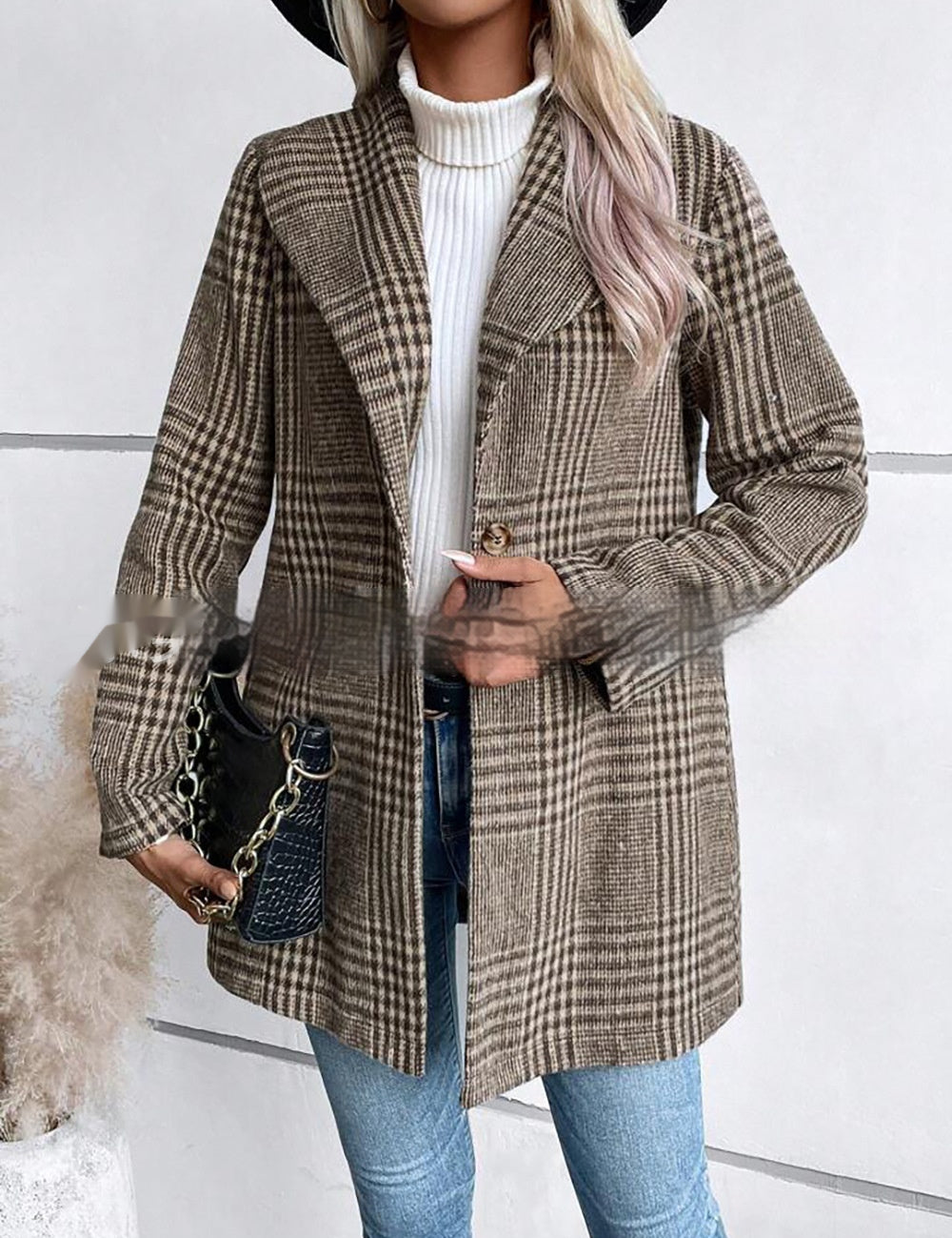 Cappotto Donna Lungo Aderente a Quadri Elegante Tessuto Alta Qualità 0