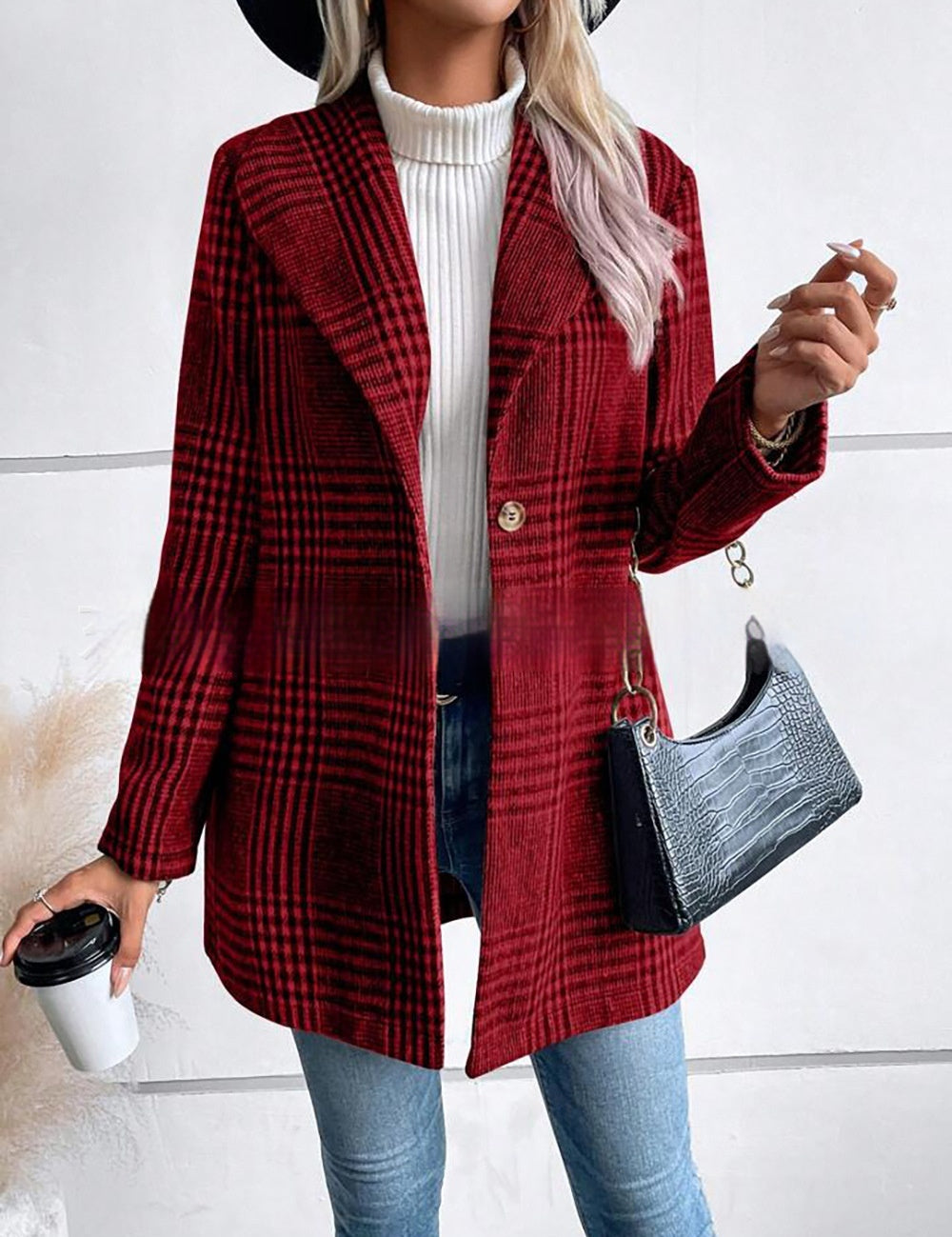 Cappotto Donna Lungo Aderente a Quadri Elegante Tessuto Alta Qualità 2