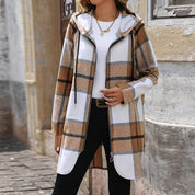 Cappotto Donna Lungo Oversize a Quadri Isolante con Cappuccio in Tessuto Spesso 0