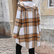 Cappotto Donna Lungo Oversize a Quadri Isolante con Cappuccio in Tessuto Spesso 1
