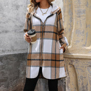 Cappotto Donna Lungo Oversize a Quadri Isolante con Cappuccio in Tessuto Spesso 2