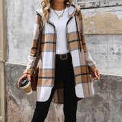 Cappotto Donna Lungo Oversize a Quadri Isolante con Cappuccio in Tessuto Spesso 3